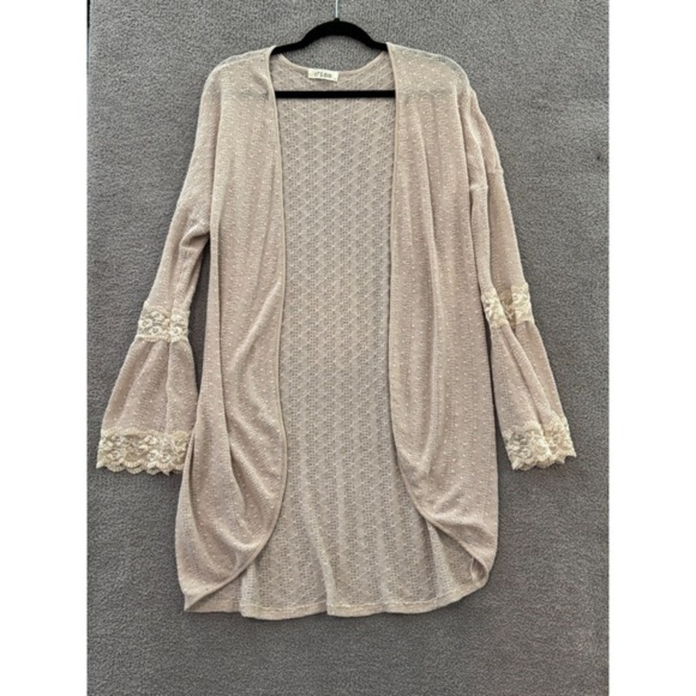 d'188 Lace‎ Trim Open Front Cardigan Women's M Beige Sweater
